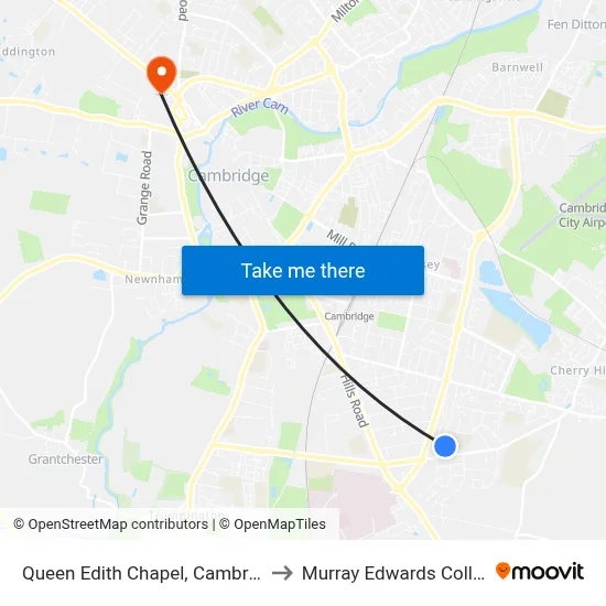 Queen Edith Chapel, Cambridge to Murray Edwards College map