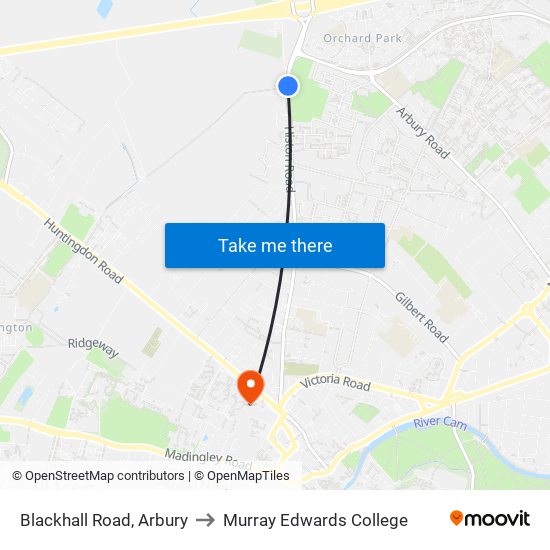 Blackhall Road, Arbury to Murray Edwards College map