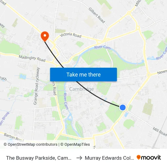 The Busway Parkside, Cambridge to Murray Edwards College map