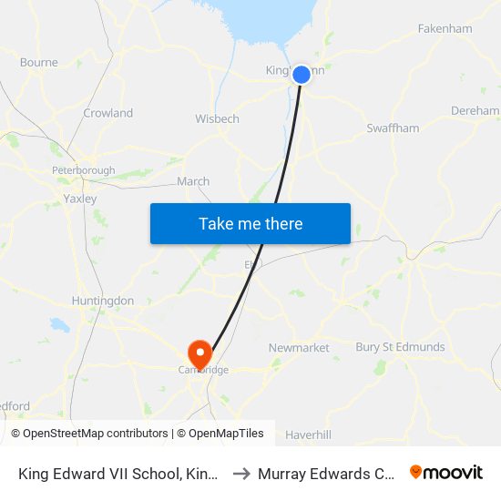 King Edward VII School, Kings Lynn to Murray Edwards College map