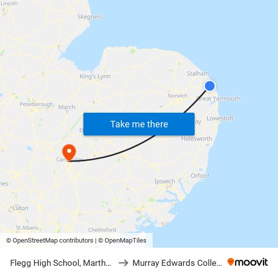 Flegg High School, Martham to Murray Edwards College map