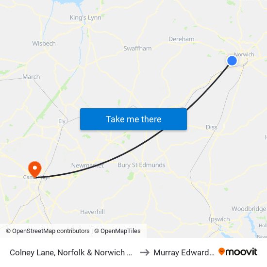 Colney Lane, Norfolk & Norwich University Hospital to Murray Edwards College map