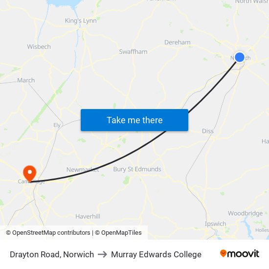 Drayton Road, Norwich to Murray Edwards College map