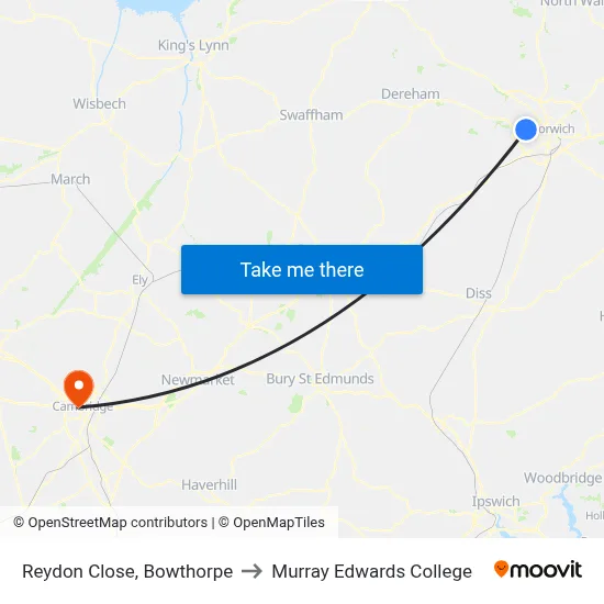 Reydon Close, Bowthorpe to Murray Edwards College map