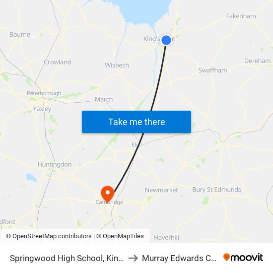 Springwood High School, Kings Lynn to Murray Edwards College map