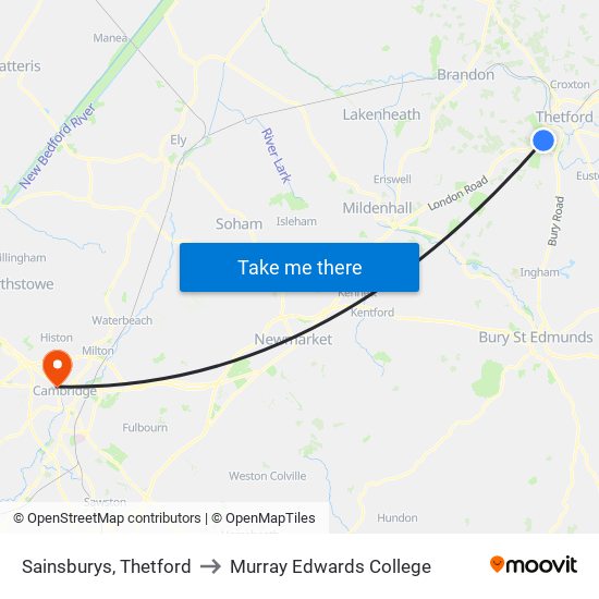 Sainsburys, Thetford to Murray Edwards College map
