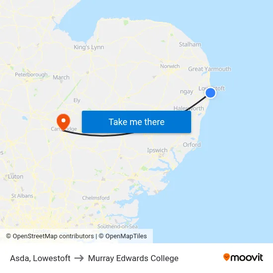 Asda, Lowestoft to Murray Edwards College map