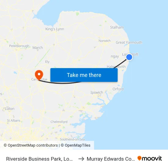 Riverside Business Park, Lowestoft to Murray Edwards College map