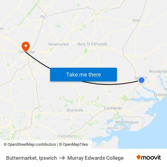 Buttermarket, Ipswich to Murray Edwards College map