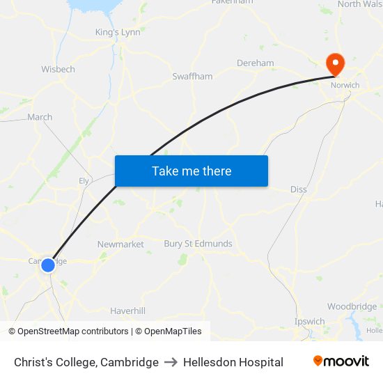 Christ's College, Cambridge to Hellesdon Hospital map