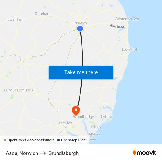 Asda, Norwich to Grundisburgh map