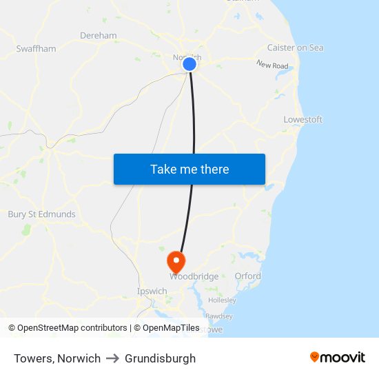 Towers, Norwich to Grundisburgh map