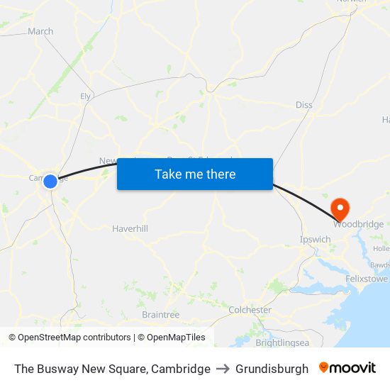 The Busway New Square, Cambridge to Grundisburgh map