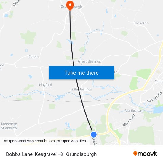 Dobbs Lane, Kesgrave to Grundisburgh map