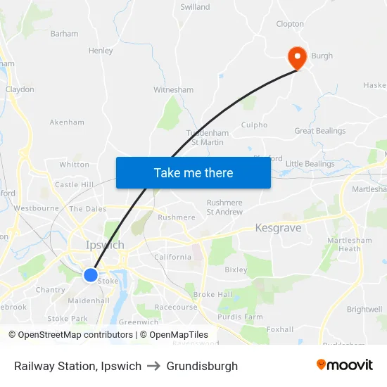 Railway Station, Ipswich to Grundisburgh map