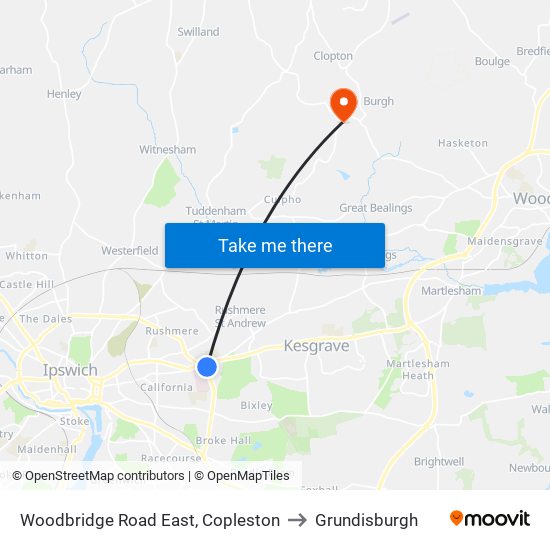 Woodbridge Road East, Copleston to Grundisburgh map