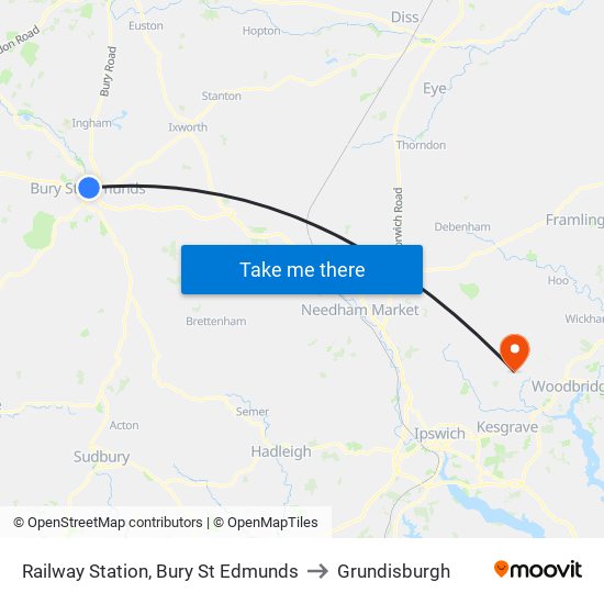 Railway Station, Bury St Edmunds to Grundisburgh map