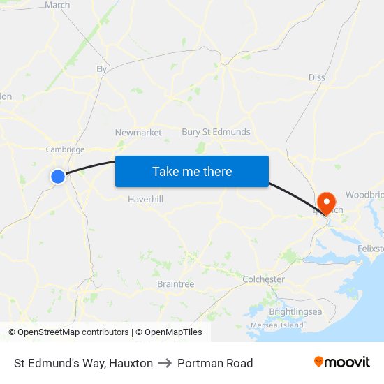 St Edmund's Way, Hauxton to Portman Road map
