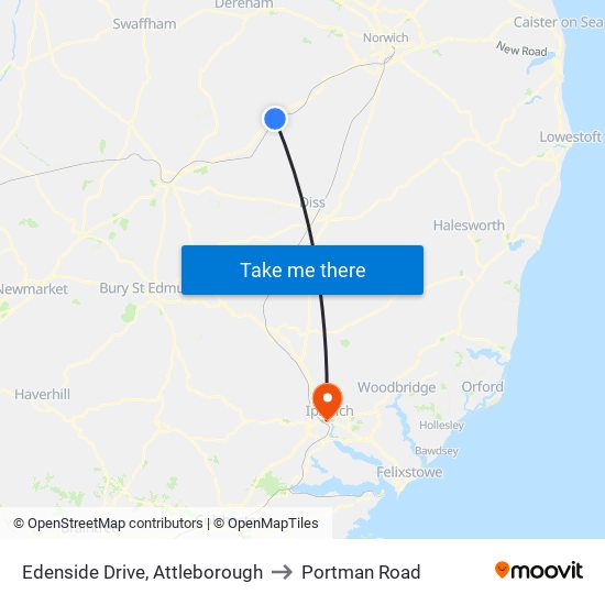 Edenside Drive, Attleborough to Portman Road map
