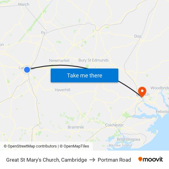 Great St Mary's Church, Cambridge to Portman Road map