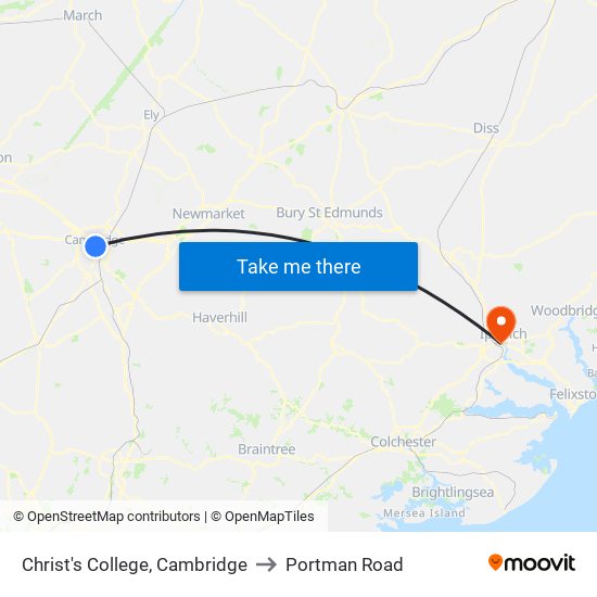 Christ's College, Cambridge to Portman Road map