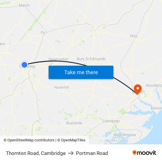 Thornton Road, Cambridge to Portman Road map