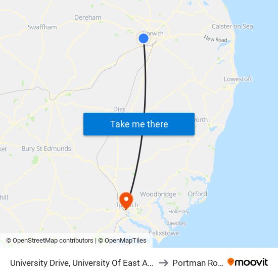 University Drive, University Of East Anglia to Portman Road map