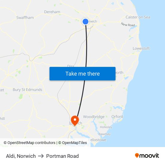 Aldi, Norwich to Portman Road map