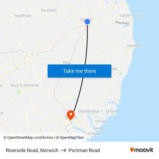 Riverside Road, Norwich to Portman Road map