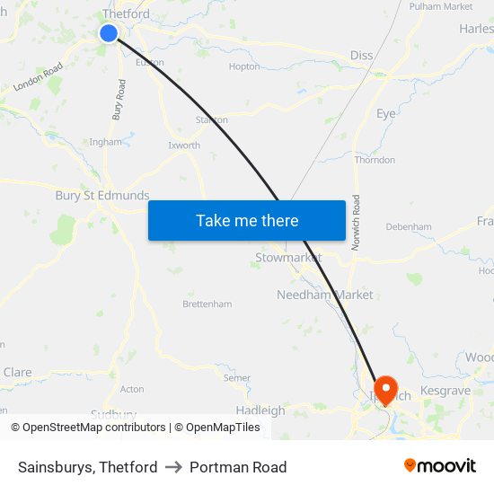 Sainsburys, Thetford to Portman Road map