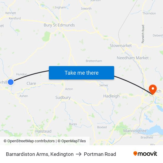 Barnardiston Arms, Kedington to Portman Road map