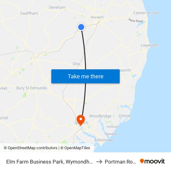 Elm Farm Business Park, Wymondham to Portman Road map