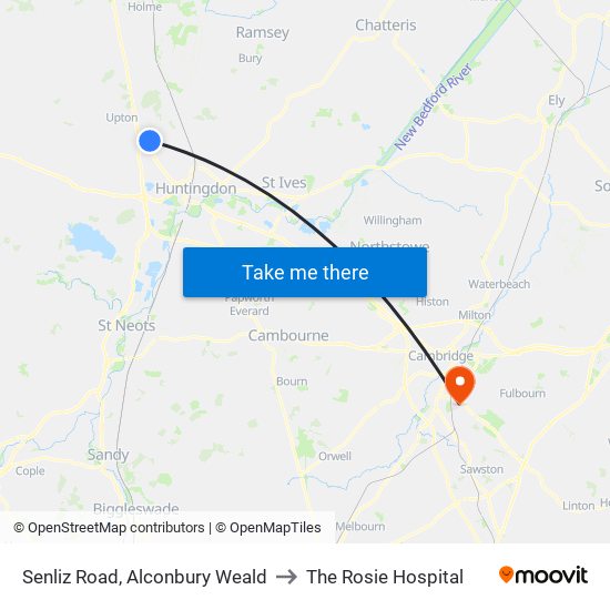 Senliz Road, Alconbury Weald to The Rosie Hospital map