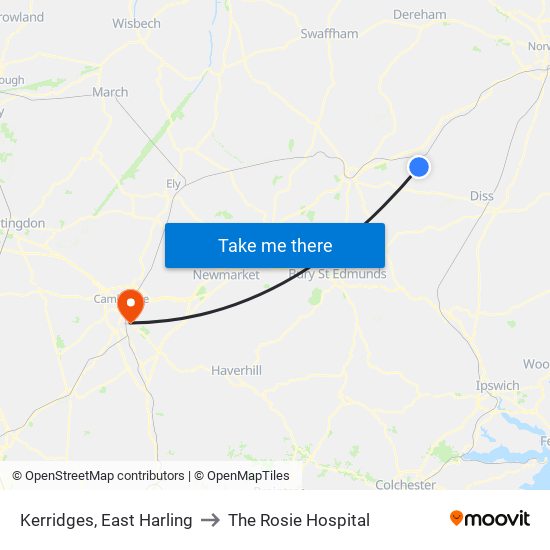 Kerridges, East Harling to The Rosie Hospital map