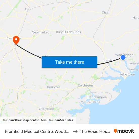 Framfield Medical Centre, Woodbridge to The Rosie Hospital map