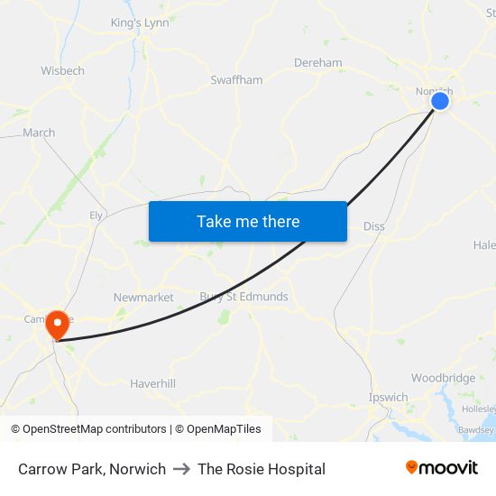 Carrow Park, Norwich to The Rosie Hospital map
