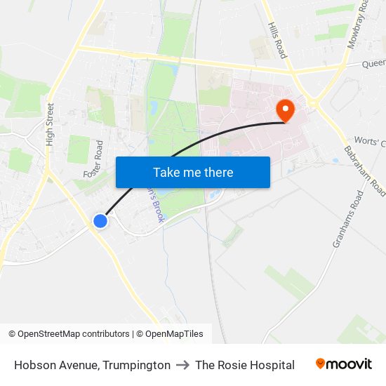 Hobson Avenue, Trumpington to The Rosie Hospital map