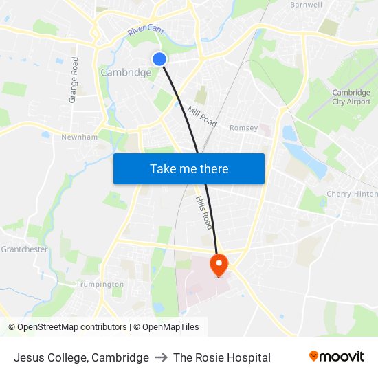 Jesus College, Cambridge to The Rosie Hospital map