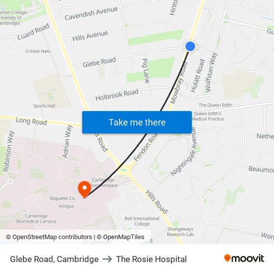 Glebe Road, Cambridge to The Rosie Hospital map