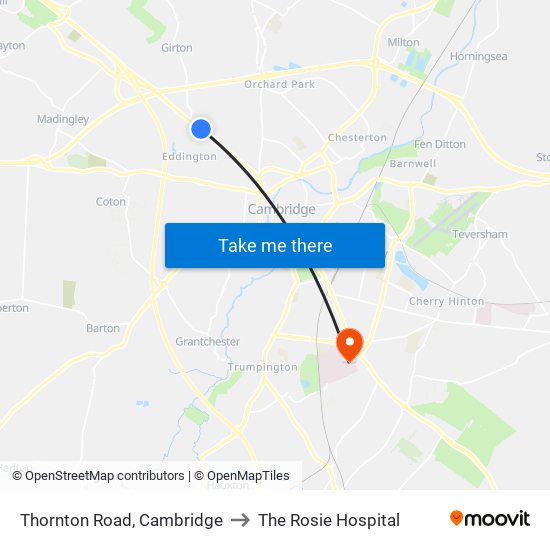 Thornton Road, Cambridge to The Rosie Hospital map