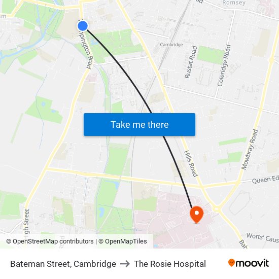 Bateman Street, Cambridge to The Rosie Hospital map