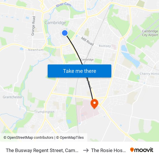 The Busway Regent Street, Cambridge to The Rosie Hospital map