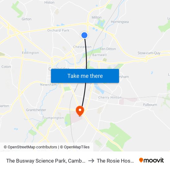 The Busway Science Park, Cambridge to The Rosie Hospital map