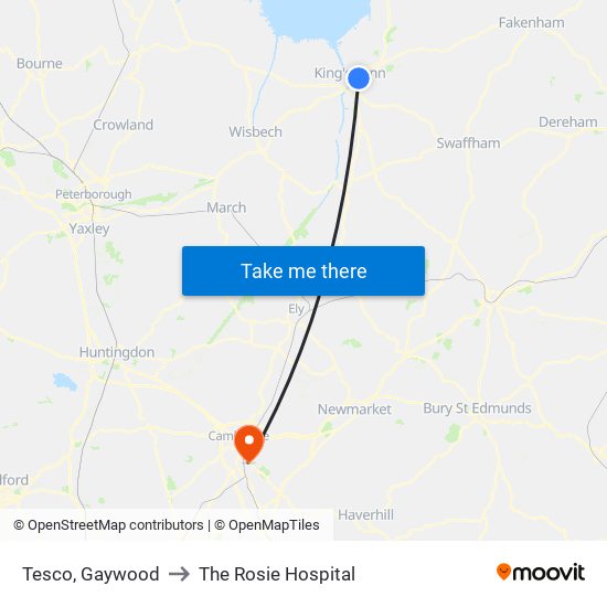 Tesco, Gaywood to The Rosie Hospital map