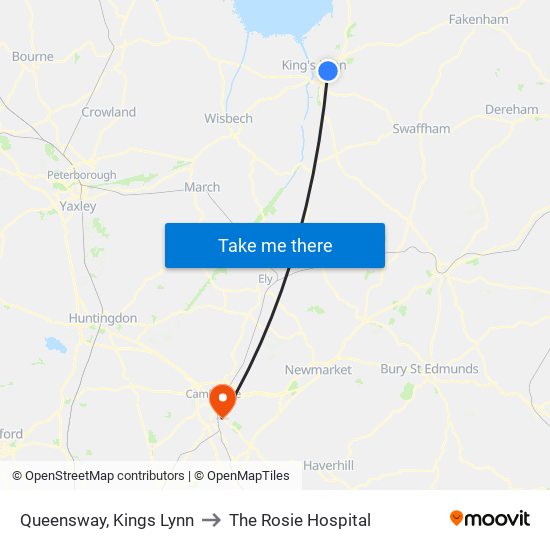 Queensway, Kings Lynn to The Rosie Hospital map