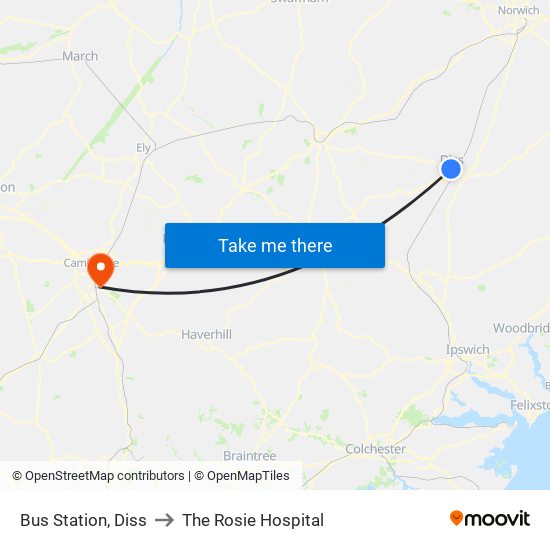 Bus Station, Diss to The Rosie Hospital map