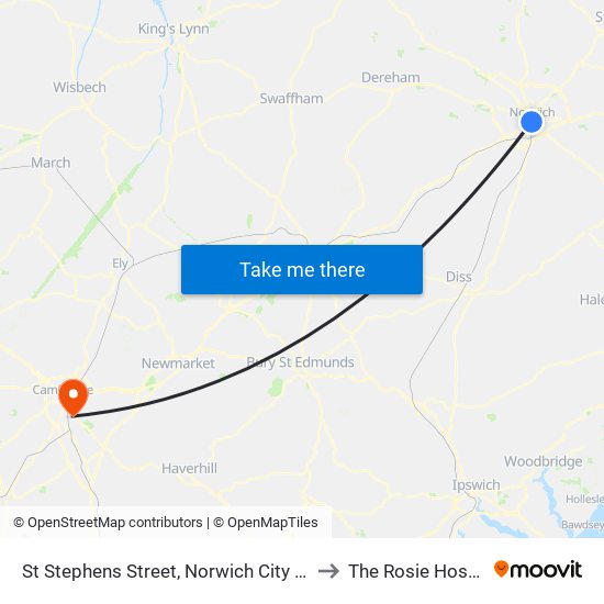 St Stephens Street, Norwich City Centre to The Rosie Hospital map