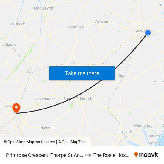 Primrose Crescent, Thorpe St Andrew to The Rosie Hospital map