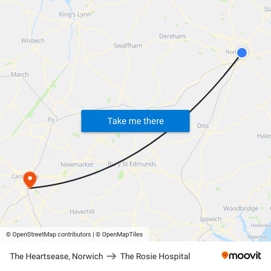 The Heartsease, Norwich to The Rosie Hospital map