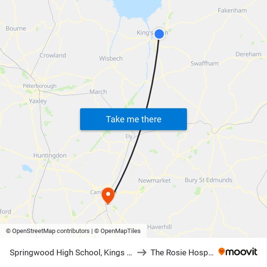 Springwood High School, Kings Lynn to The Rosie Hospital map